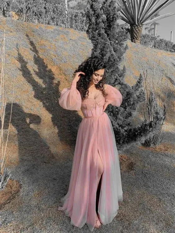Formal Women's Dresses Pink A-Line Off Shoulder Tulle Long Prom Dress Formal Party Dress Prom Clothing