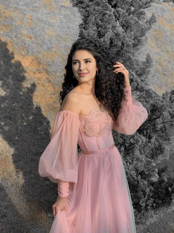 Formal Women's Dresses Pink A-Line Off Shoulder Tulle Long Prom Dress Formal Party Dress Prom Clothing