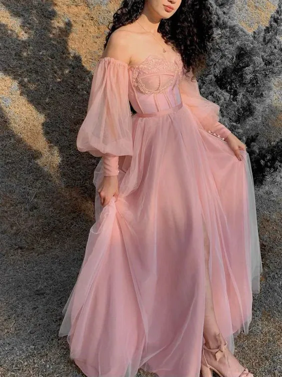 Formal Women's Dresses Pink A-Line Off Shoulder Tulle Long Prom Dress Formal Party Dress Prom Clothing