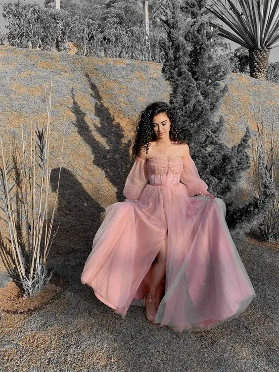 Formal Women's Dresses Pink A-Line Off Shoulder Tulle Long Prom Dress Formal Party Dress Prom Clothing