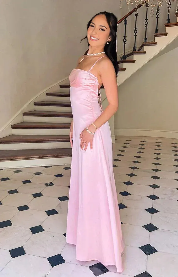 Formal Women's Dresses Pink A Line Satin Long Prom Dress Formal Party Gown Prom Dress Store