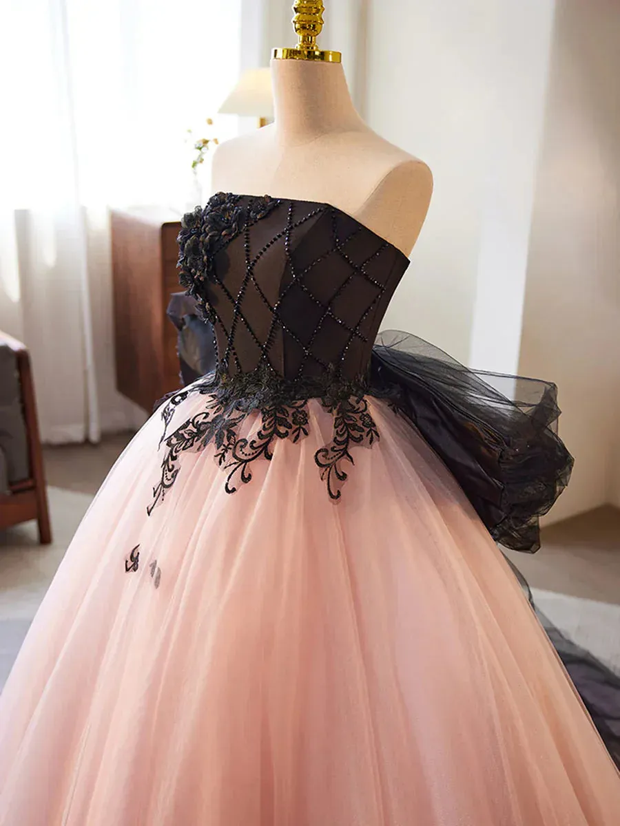 Formal Women's Dresses Pink A-Line Tulle Lace Appliques Long Formal Prom Dress Prom Dress Stores