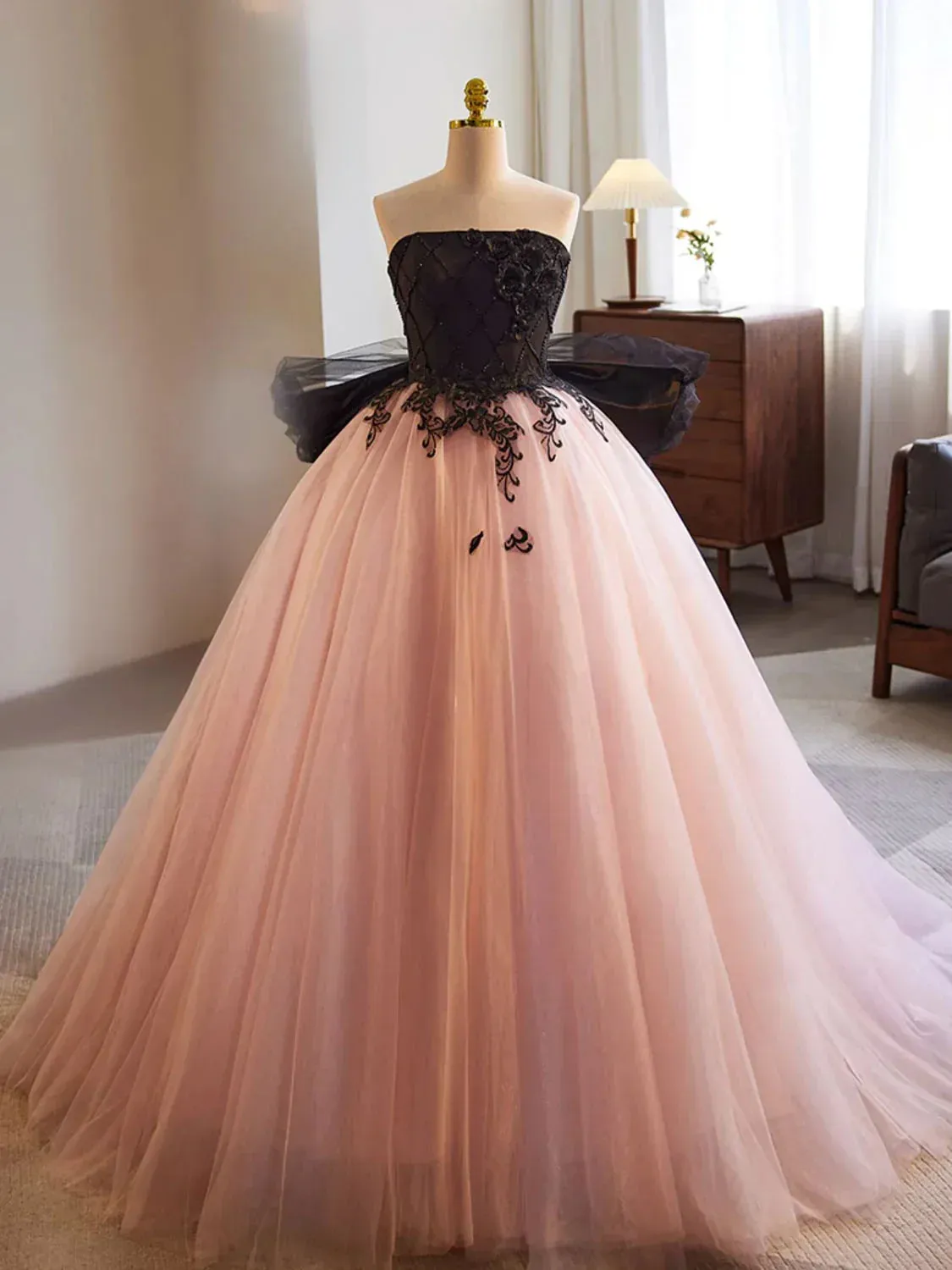 Formal Women's Dresses Pink A-Line Tulle Lace Appliques Long Formal Prom Dress Prom Dress Stores