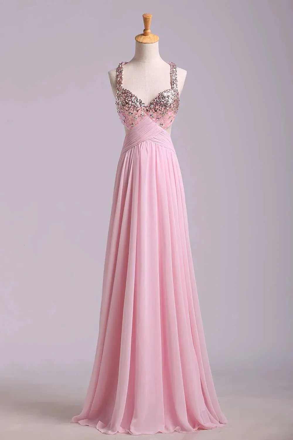 Formal Women's Dresses Pink Sweetheart Sequins Cross Back Chiffon Long Formal Prom Dress Prom Dress Stores