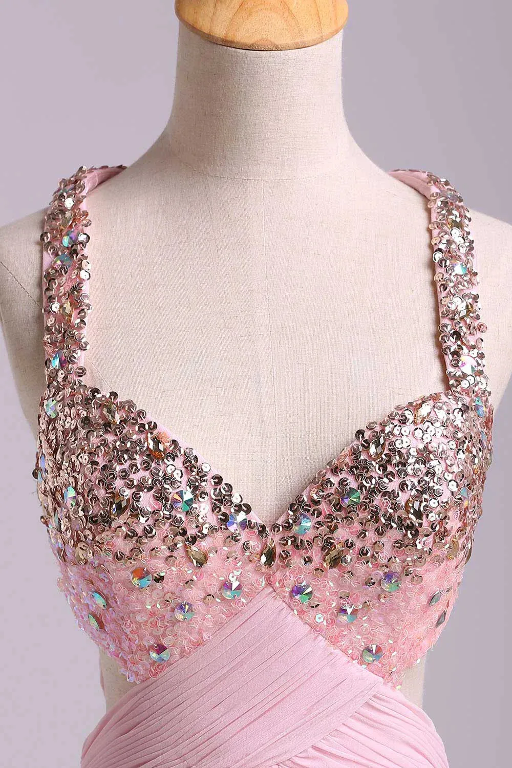 Formal Women's Dresses Pink Sweetheart Sequins Cross Back Chiffon Long Formal Prom Dress Prom Dress Stores