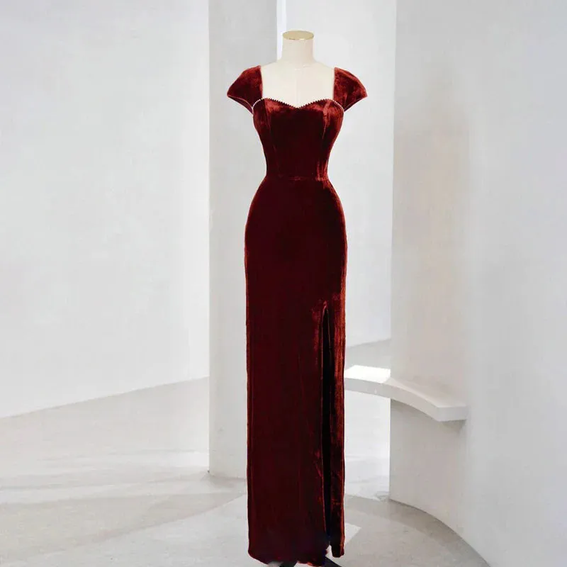 Formal Women's Dresses Red Cap Sleeves Velvet Long Prom Dress Formal Party Dress with Beads Prom Dress Stores