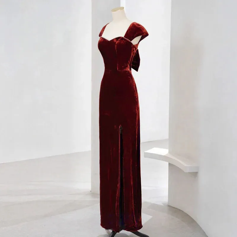Formal Women's Dresses Red Cap Sleeves Velvet Long Prom Dress Formal Party Dress with Beads Prom Dress Stores