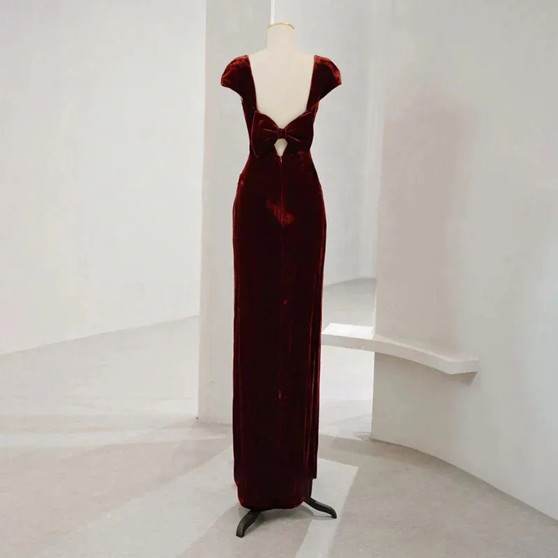 Formal Women's Dresses Red Cap Sleeves Velvet Long Prom Dress Formal Party Dress with Beads Prom Dress Stores