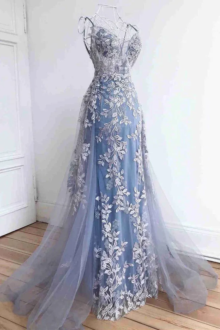 Formal Women's Dresses Stunning Dsuty Blue Tulle Long Formal Dress with Appliques Prom Dresses Stores