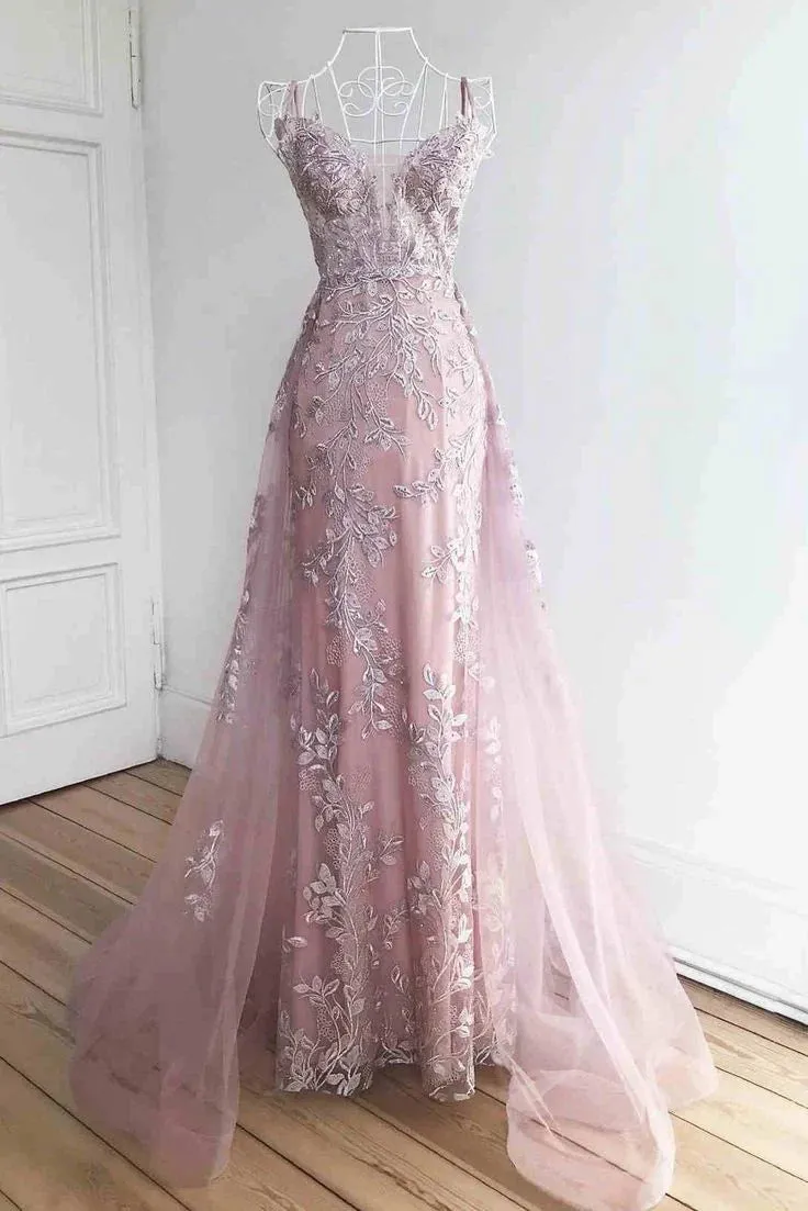 Formal Women's Dresses Stunning Dsuty Blue Tulle Long Formal Dress with Appliques Prom Dresses Stores