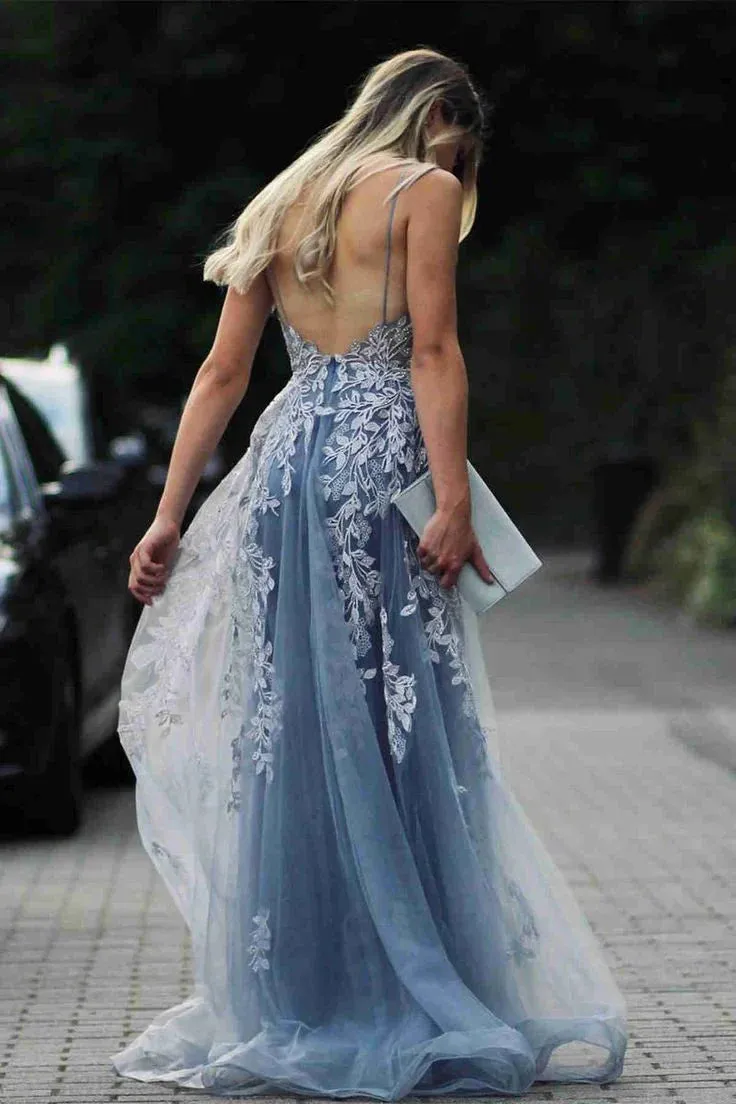 Formal Women's Dresses Stunning Dsuty Blue Tulle Long Formal Dress with Appliques Prom Dresses Stores