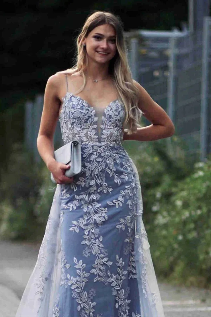 Formal Women's Dresses Stunning Dsuty Blue Tulle Long Formal Dress with Appliques Prom Dresses Stores