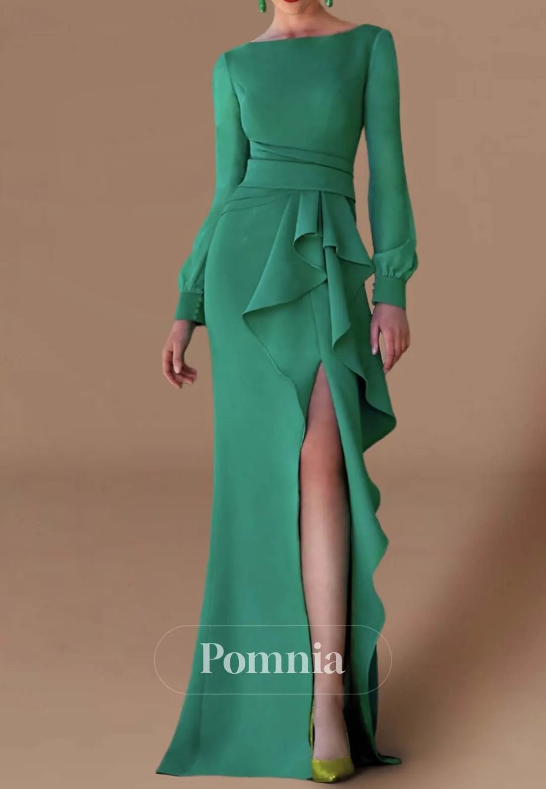 Long Sleeves Scoop Slit Ruched Evening Formal Dress