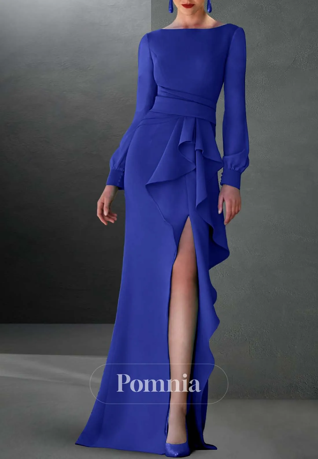 Long Sleeves Scoop Slit Ruched Evening Formal Dress