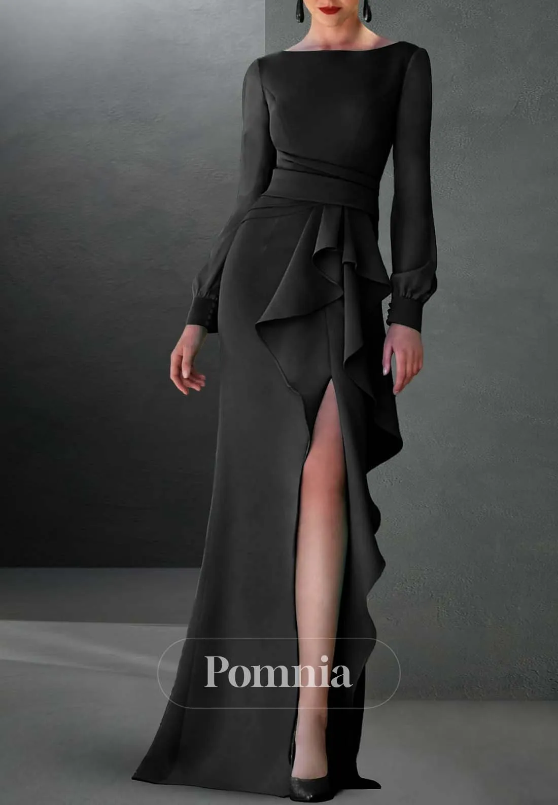 Long Sleeves Scoop Slit Ruched Evening Formal Dress