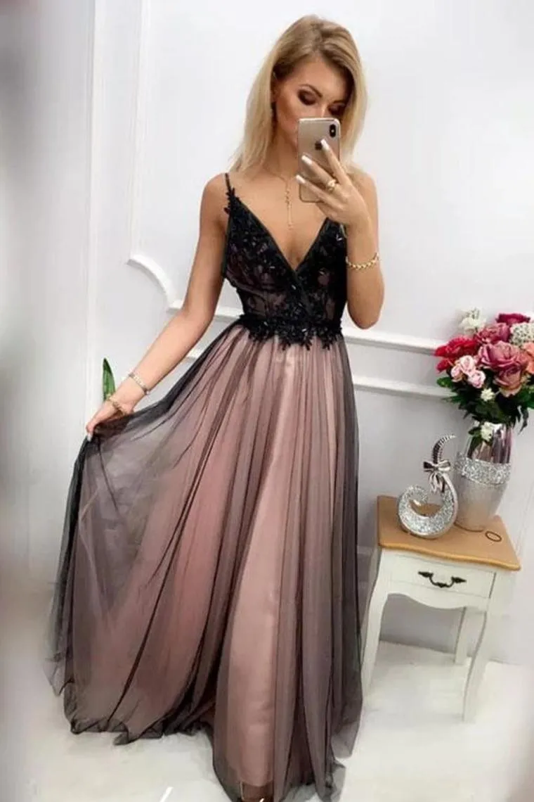 Modern V Neck Tulle Long Prom Dress With Appliques Floor Length Backless Formal Dress Evening Dresses