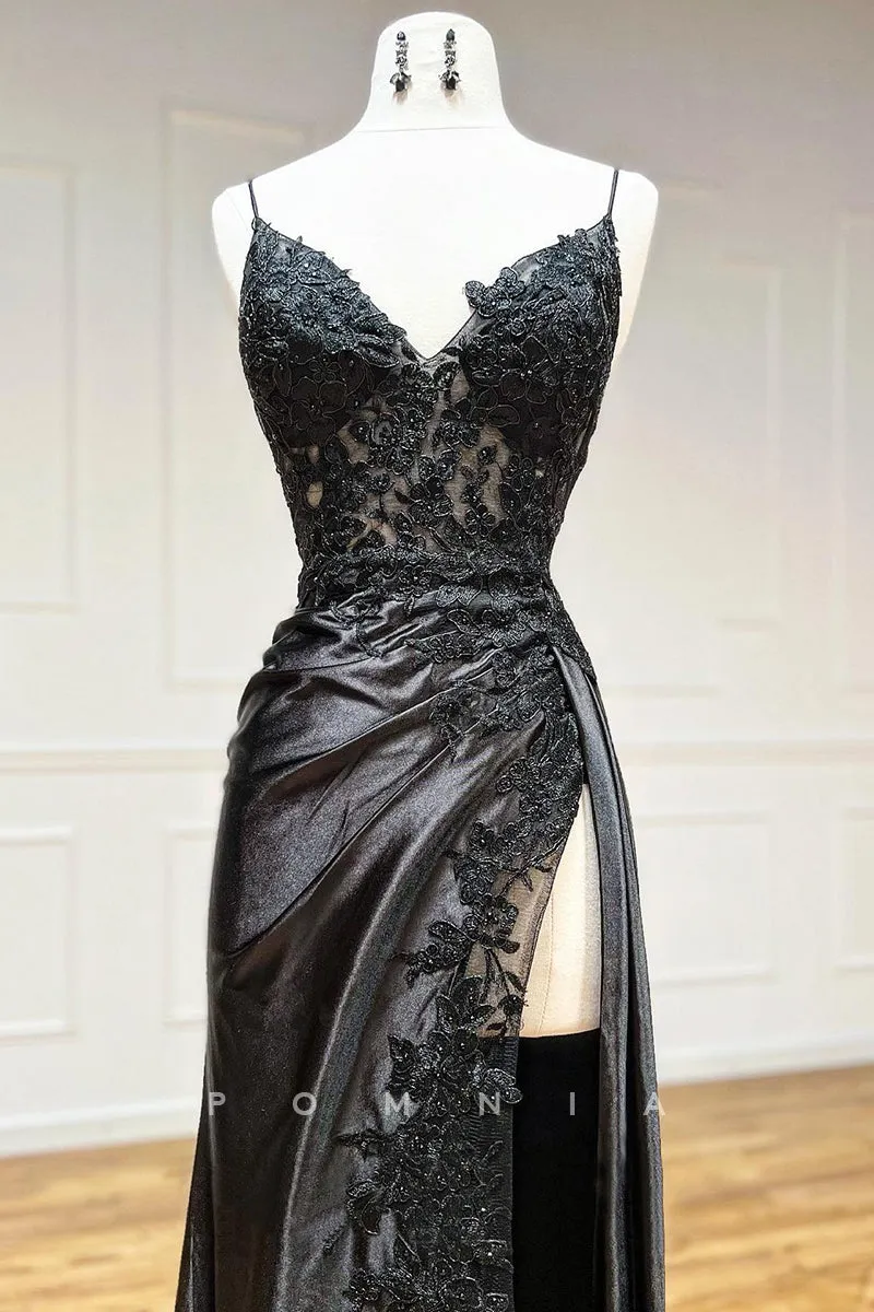 P1314 - Spaghetti Straps V-Neck Lace Appliques Side Slit Evening Prom Formal Dress