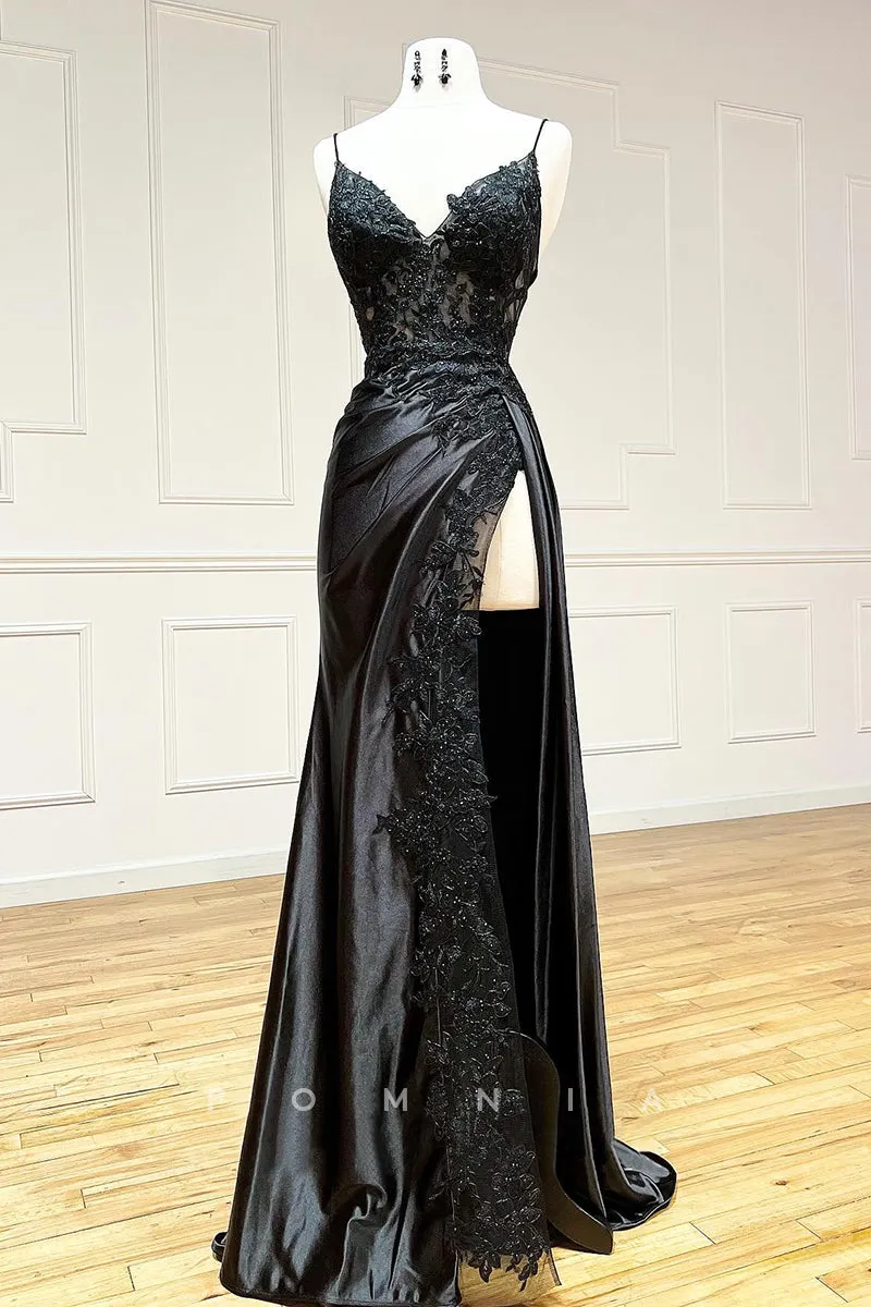 P1314 - Spaghetti Straps V-Neck Lace Appliques Side Slit Evening Prom Formal Dress