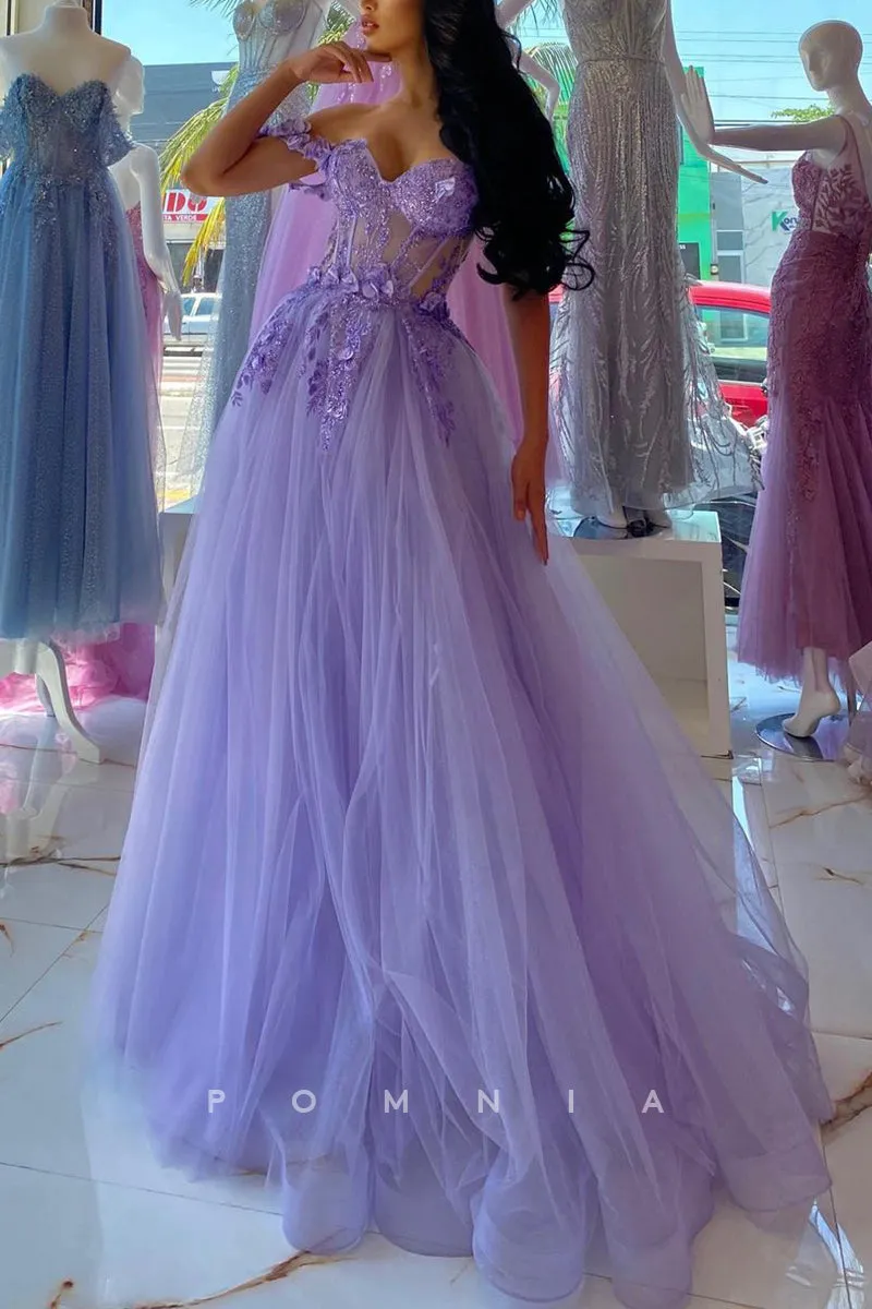 P1571 - Strapless A-Line Sweetheart Appliques Long Tulle Prom Formal Dress