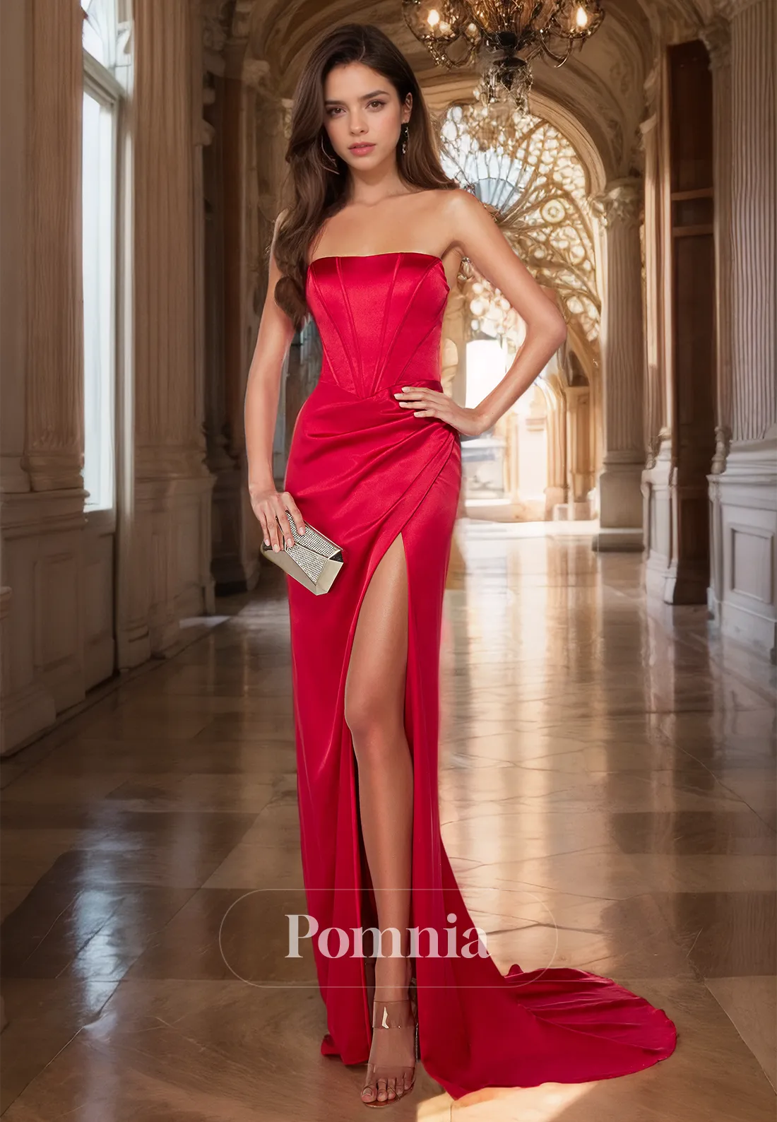 Red Strapless Ruched Backless Formal Prom Dress with Slit Mermaid Evening Party Dress