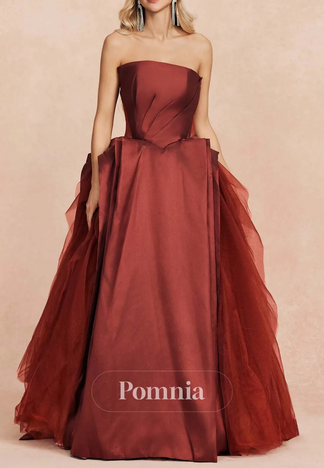 Rust A-Line Sleeveless Strapless Empire-Waist Evening Formal Dress