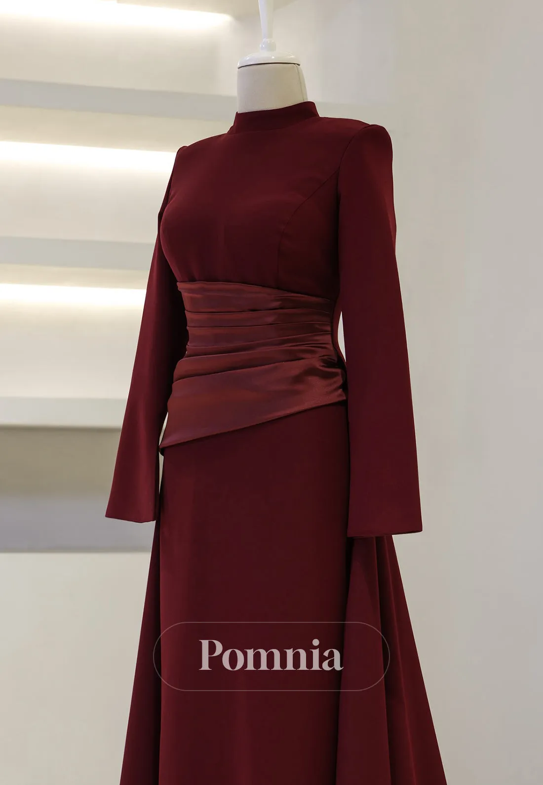 Simple High Neck Long Sleeves Empire-Waist Ruched Formal Evening Dress