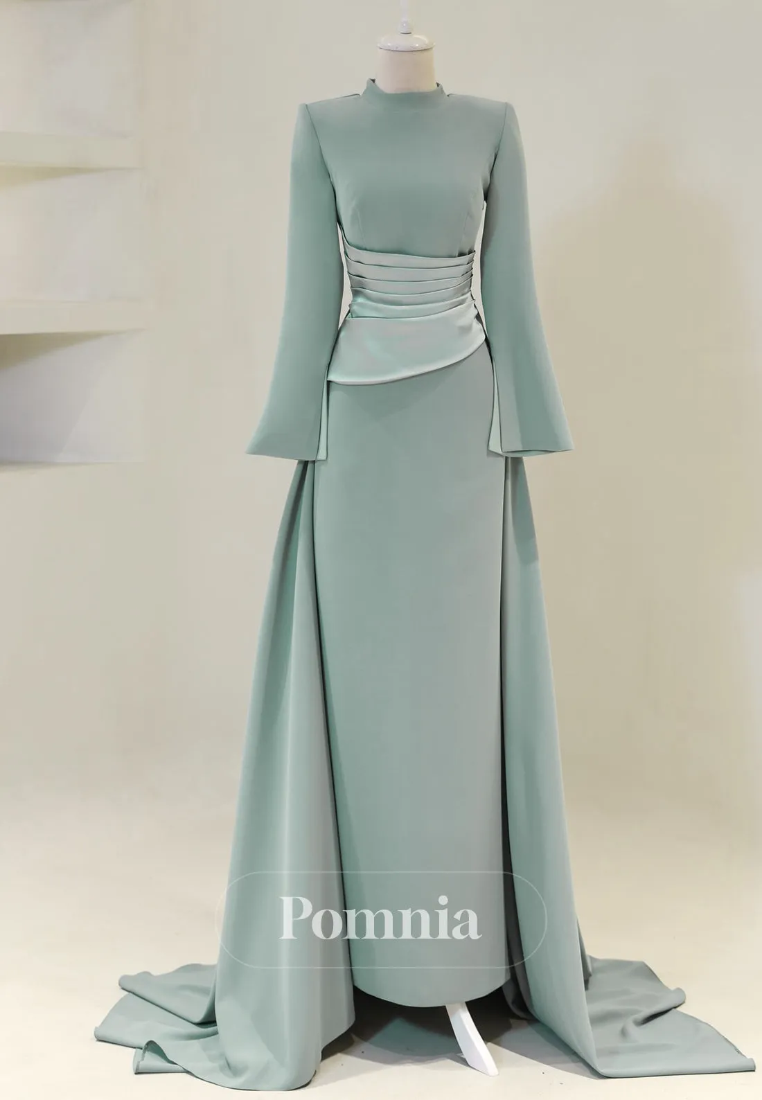 Simple High Neck Long Sleeves Empire-Waist Ruched Formal Evening Dress