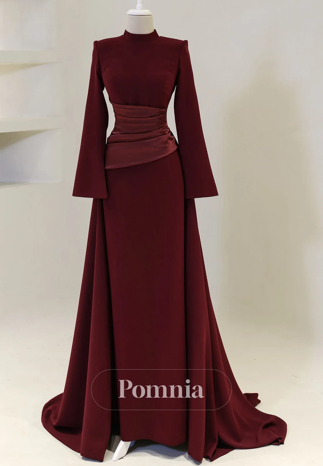 Simple High Neck Long Sleeves Empire-Waist Ruched Formal Evening Dress