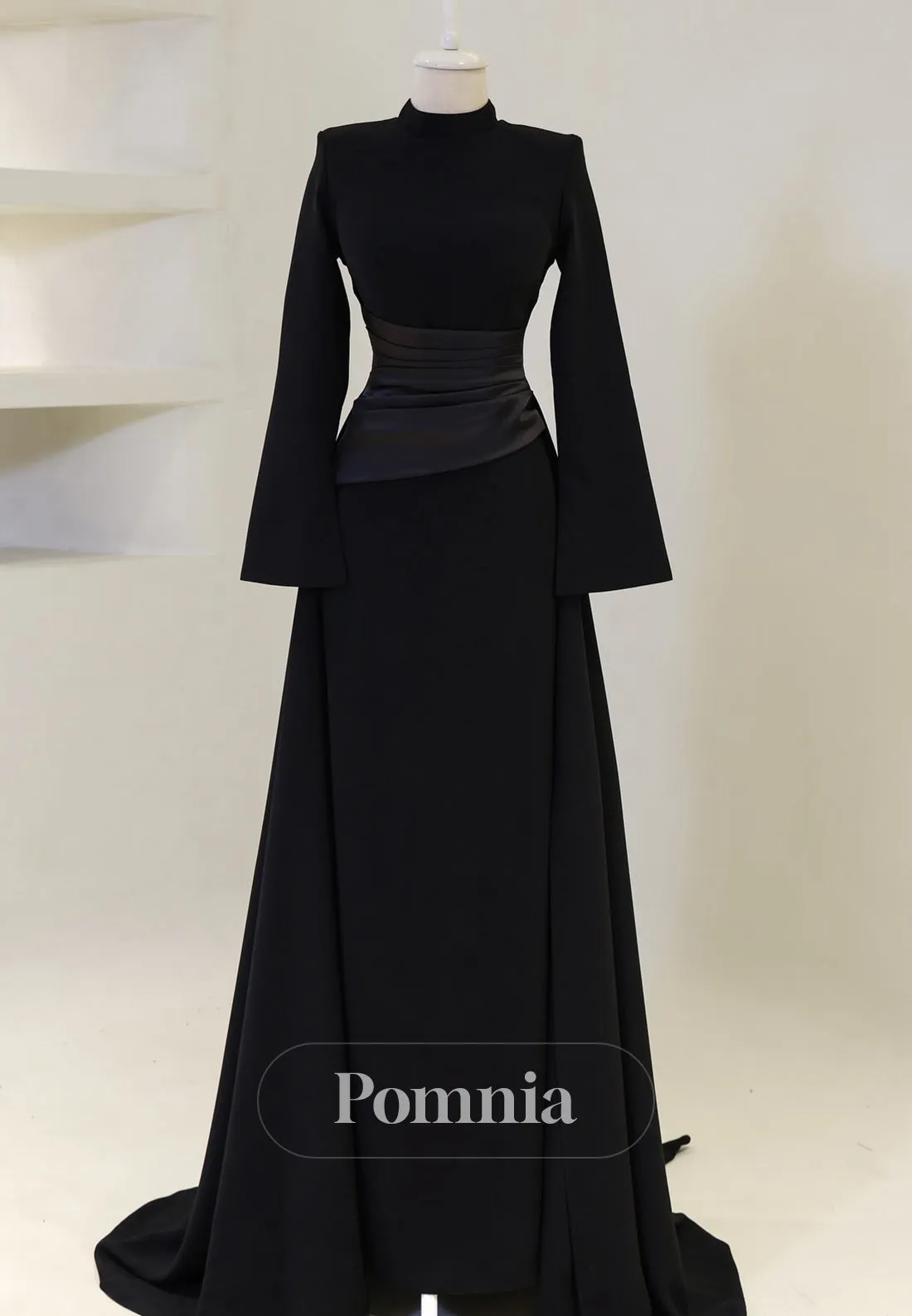 Simple High Neck Long Sleeves Empire-Waist Ruched Formal Evening Dress