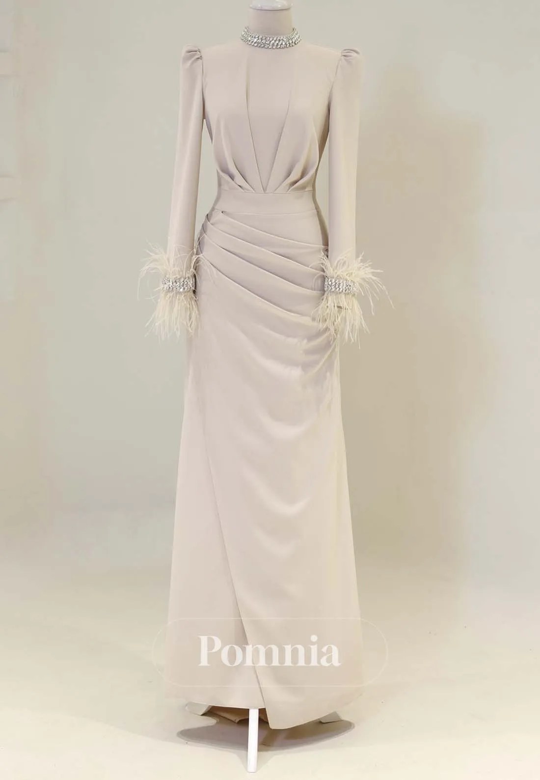 Simple High Neck Long Sleeves Ruched with Feathers Foraml Dress