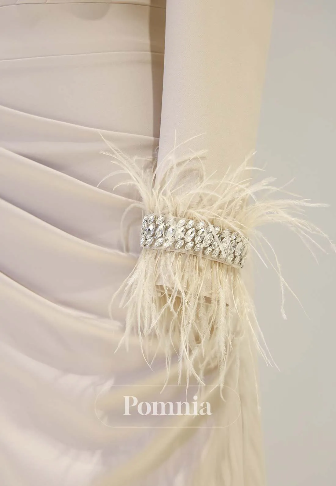 Simple High Neck Long Sleeves Ruched with Feathers Foraml Dress