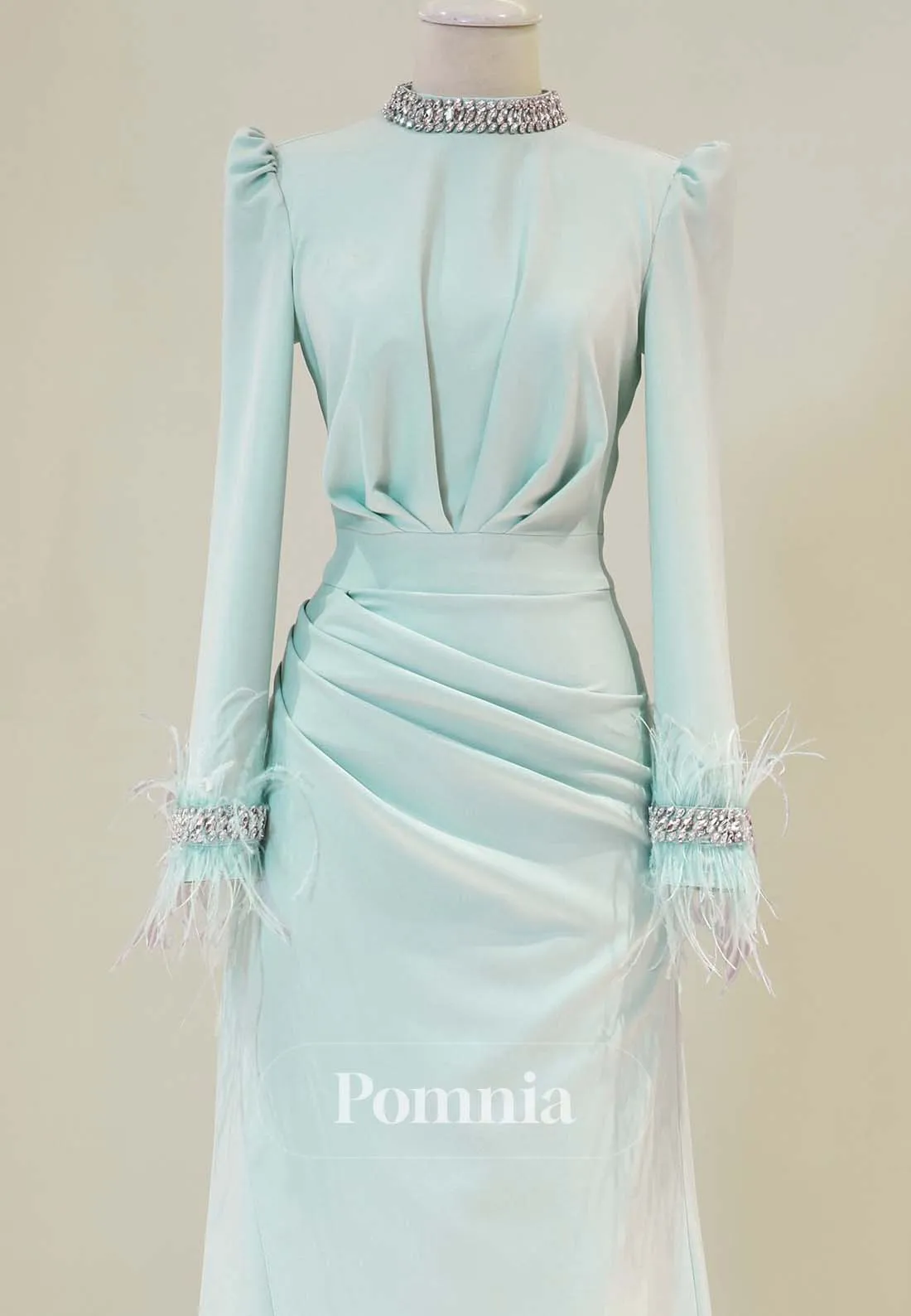 Simple High Neck Long Sleeves Ruched with Feathers Foraml Dress
