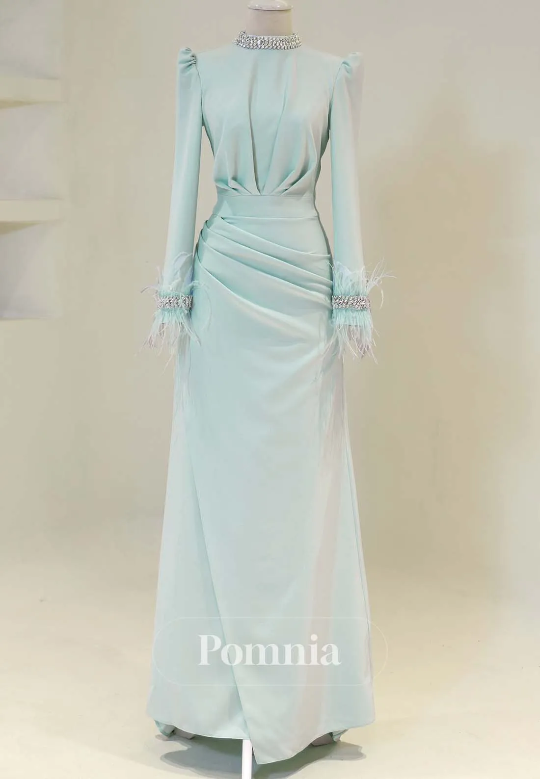 Simple High Neck Long Sleeves Ruched with Feathers Foraml Dress