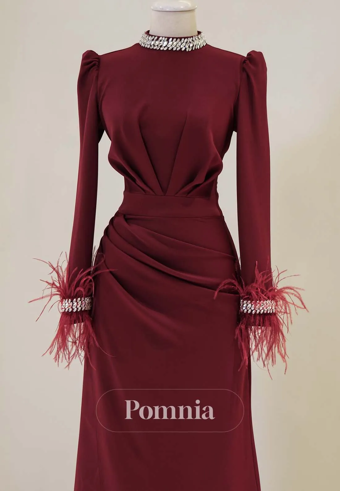 Simple High Neck Long Sleeves Ruched with Feathers Foraml Dress