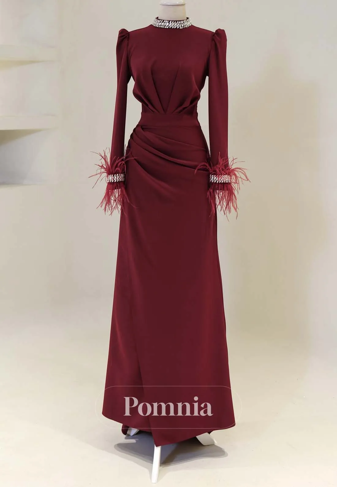 Simple High Neck Long Sleeves Ruched with Feathers Foraml Dress
