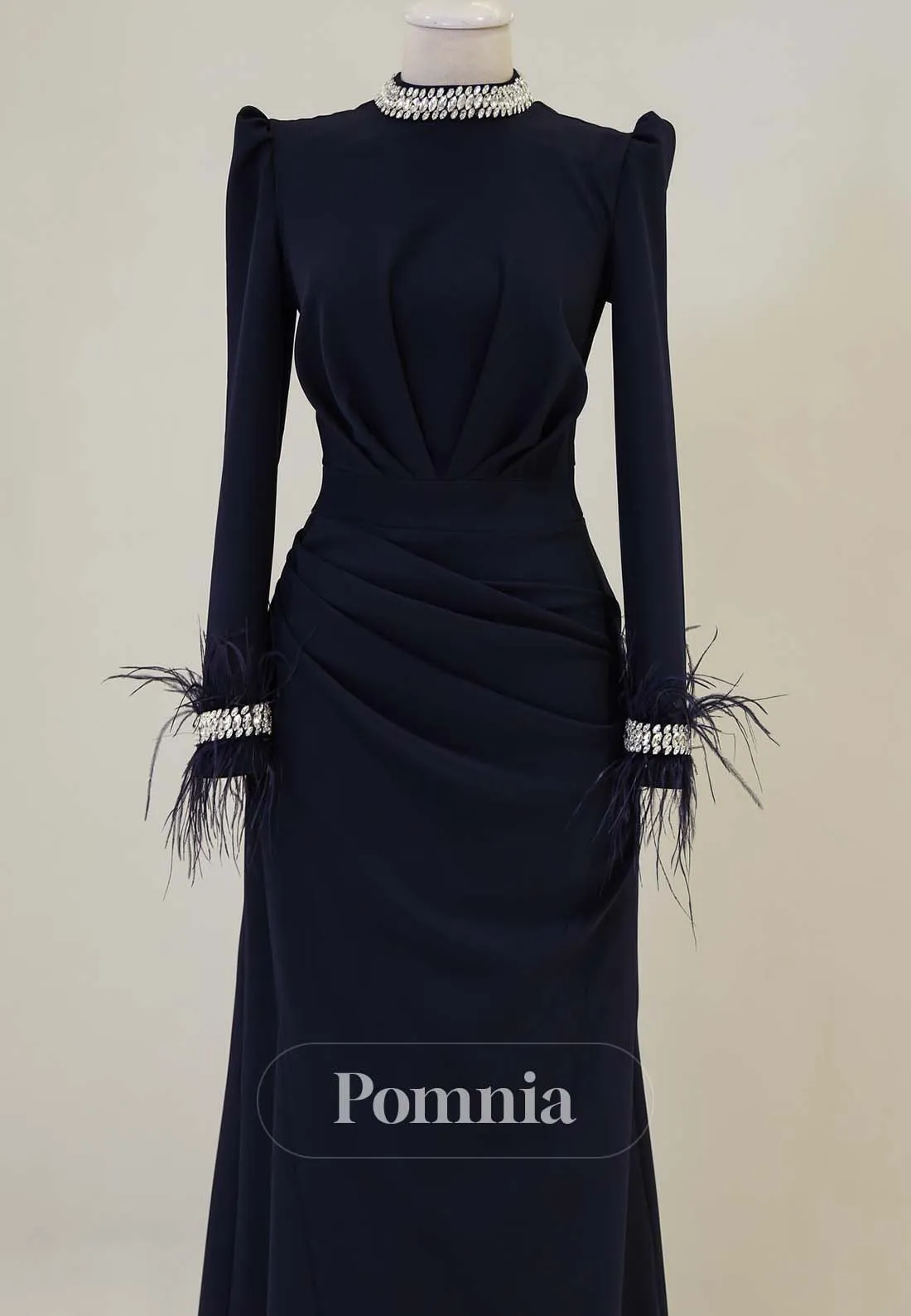Simple High Neck Long Sleeves Ruched with Feathers Foraml Dress