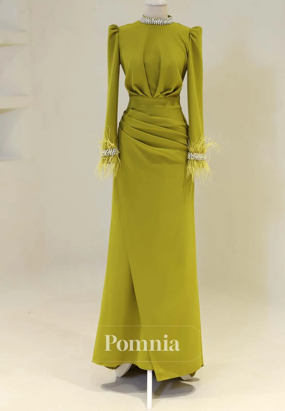 Simple High Neck Long Sleeves Ruched with Feathers Foraml Dress