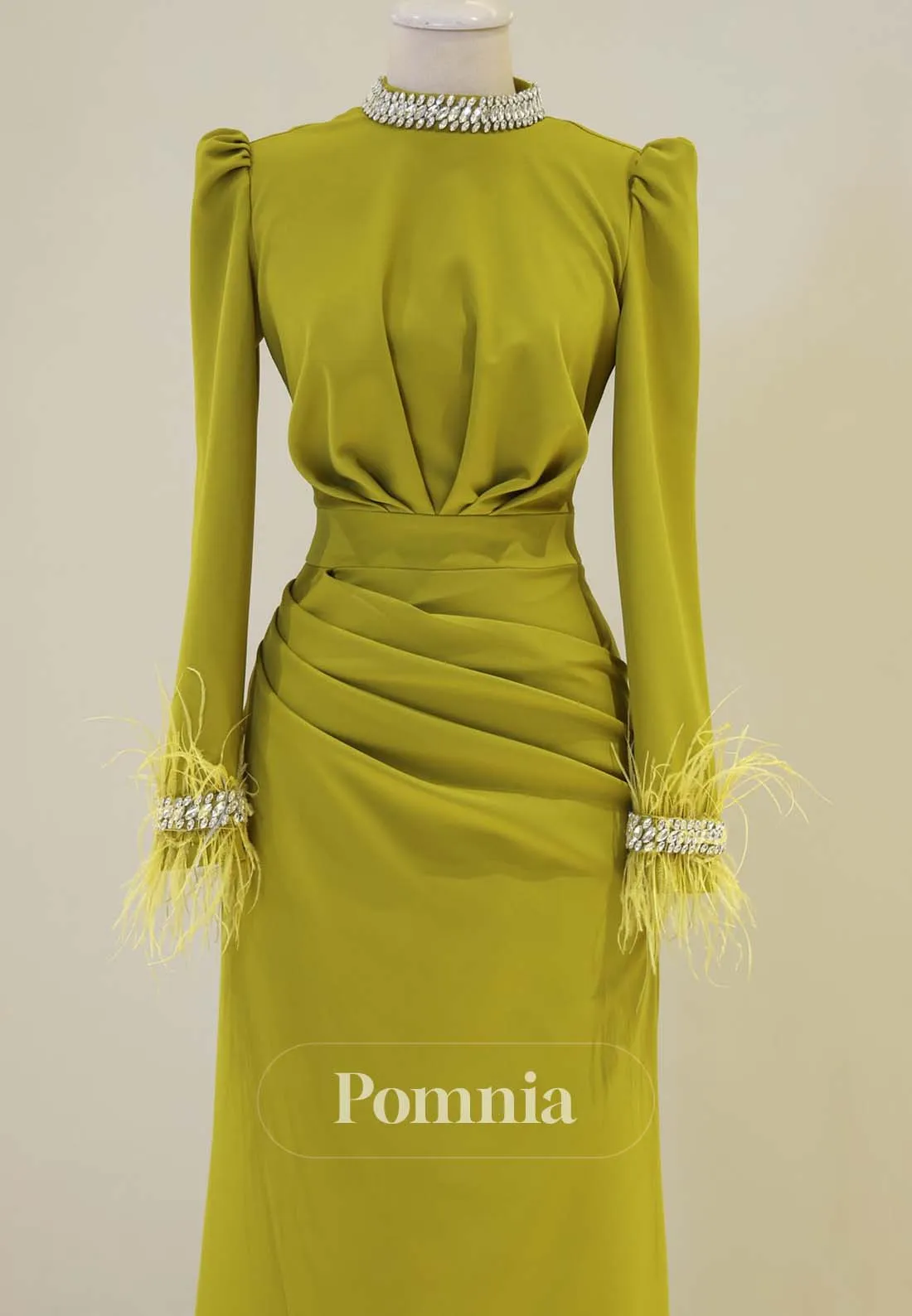 Simple High Neck Long Sleeves Ruched with Feathers Foraml Dress