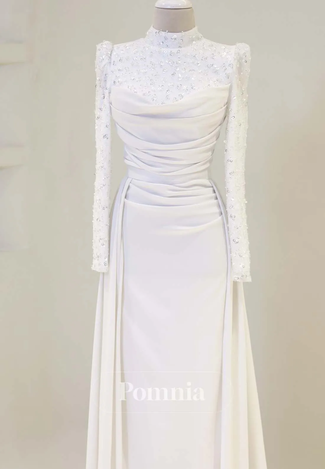 Simple High Neck Long Sleeves Sweep Train Satin Formal Dress