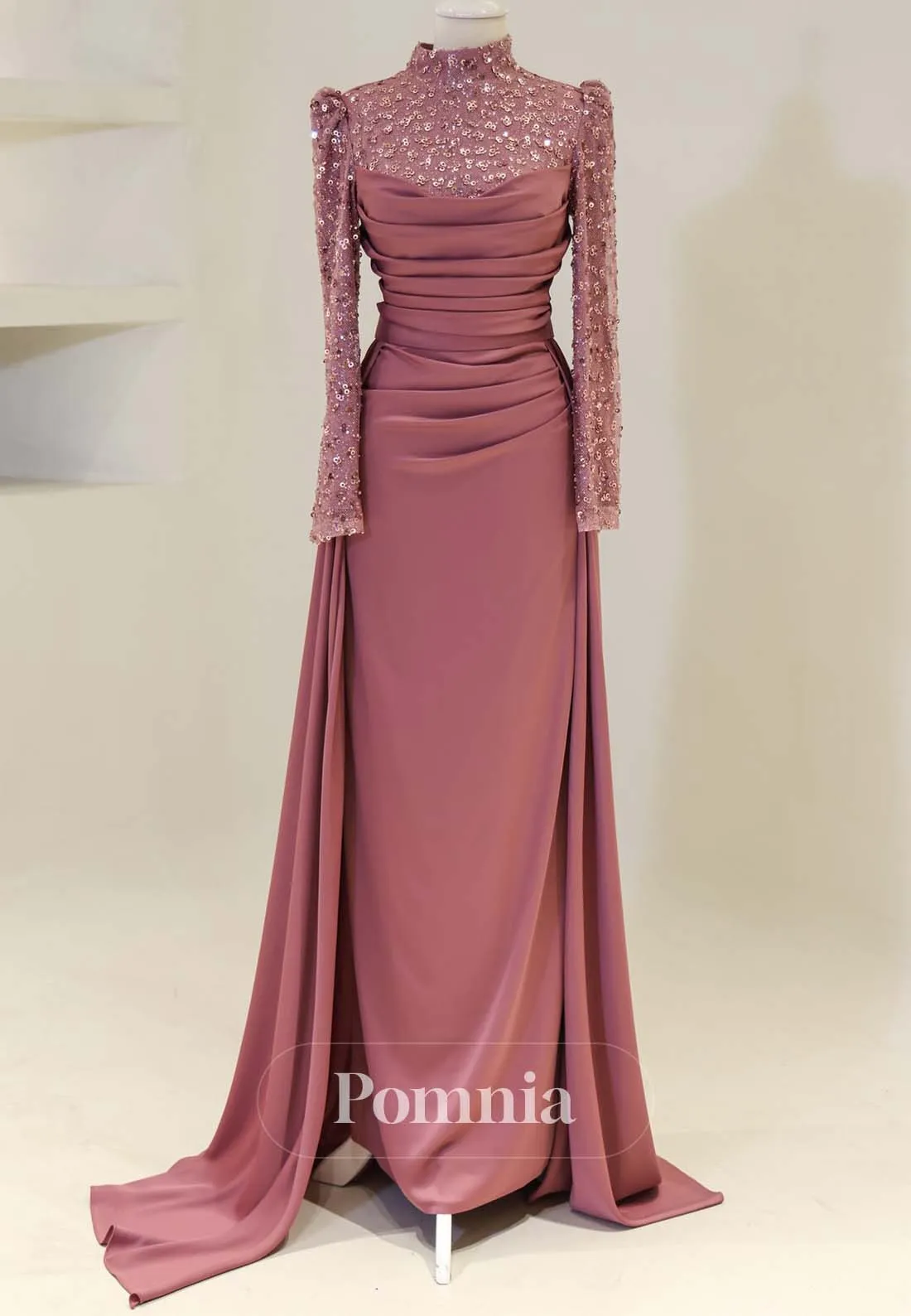 Simple High Neck Long Sleeves Sweep Train Satin Formal Dress