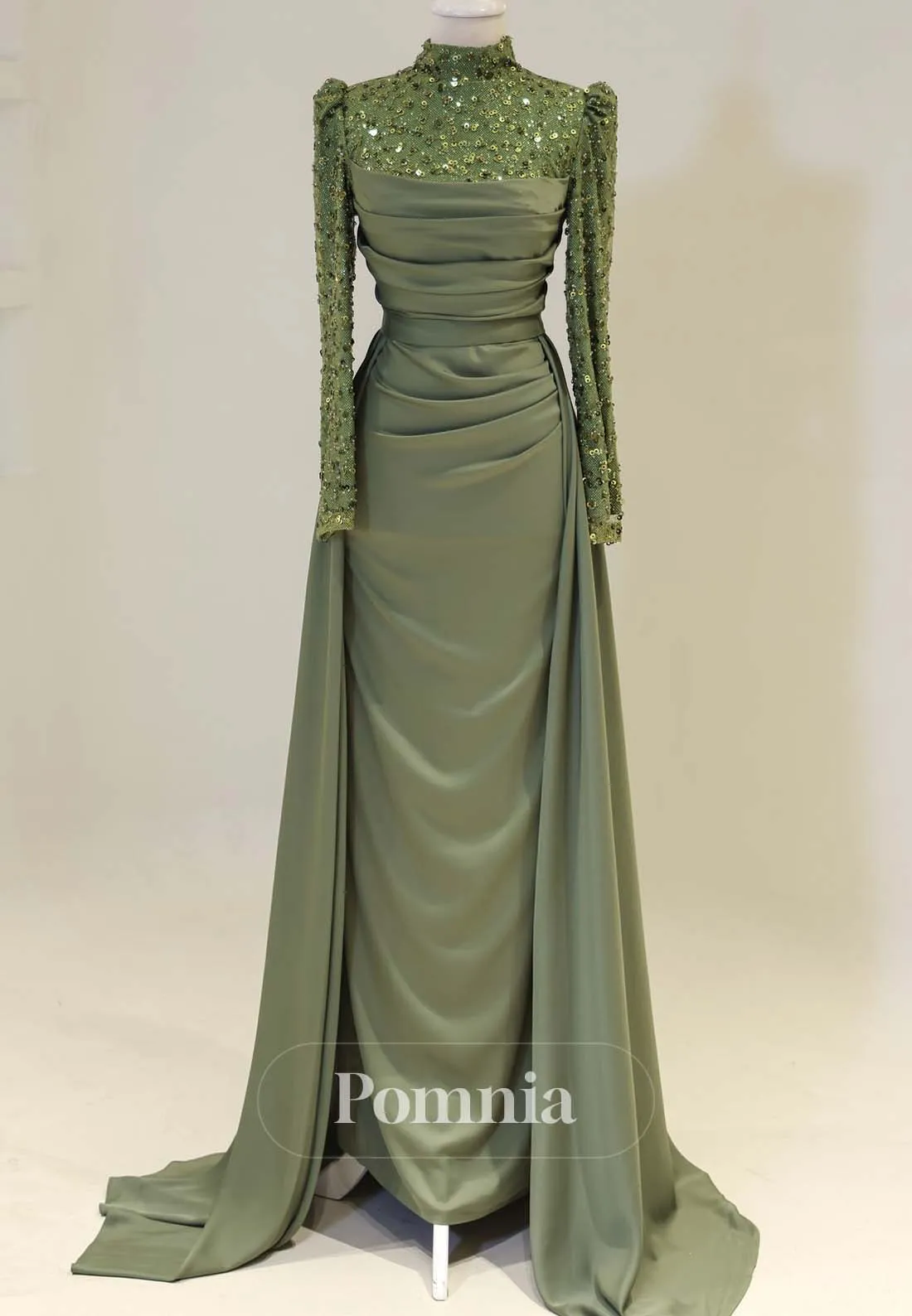 Simple High Neck Long Sleeves Sweep Train Satin Formal Dress