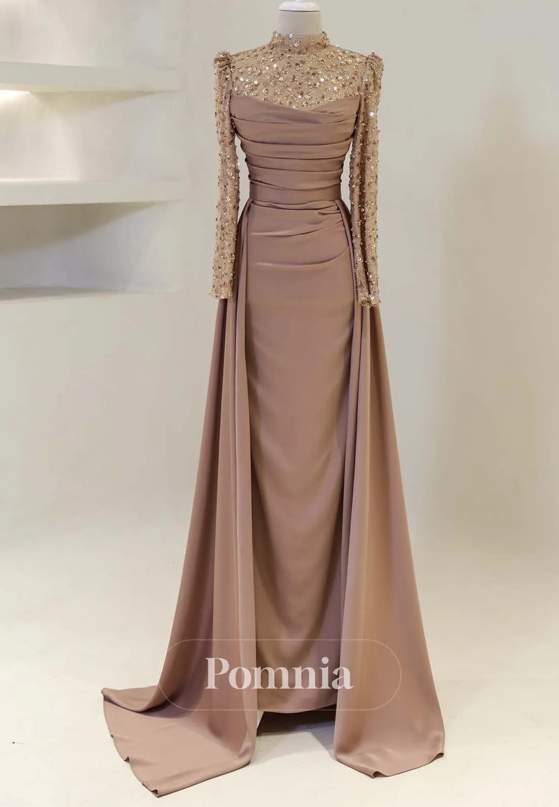 Simple High Neck Long Sleeves Sweep Train Satin Formal Dress