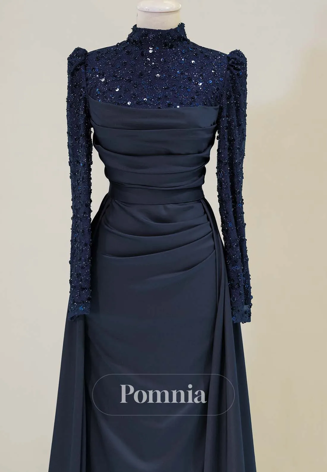 Simple High Neck Long Sleeves Sweep Train Satin Formal Dress
