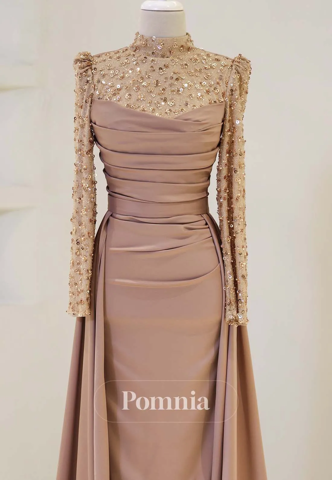 Simple High Neck Long Sleeves Sweep Train Satin Formal Dress