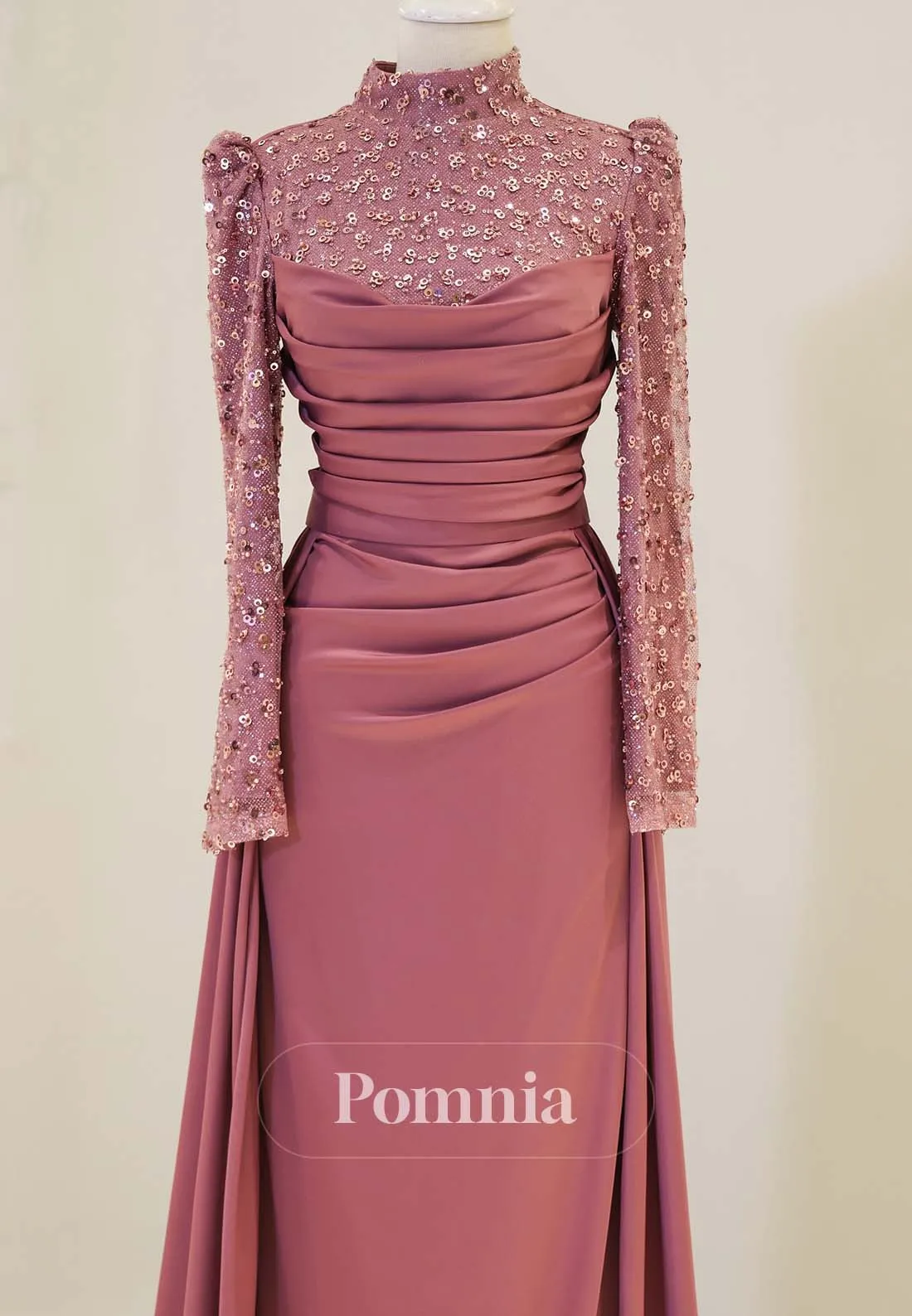 Simple High Neck Long Sleeves Sweep Train Satin Formal Dress