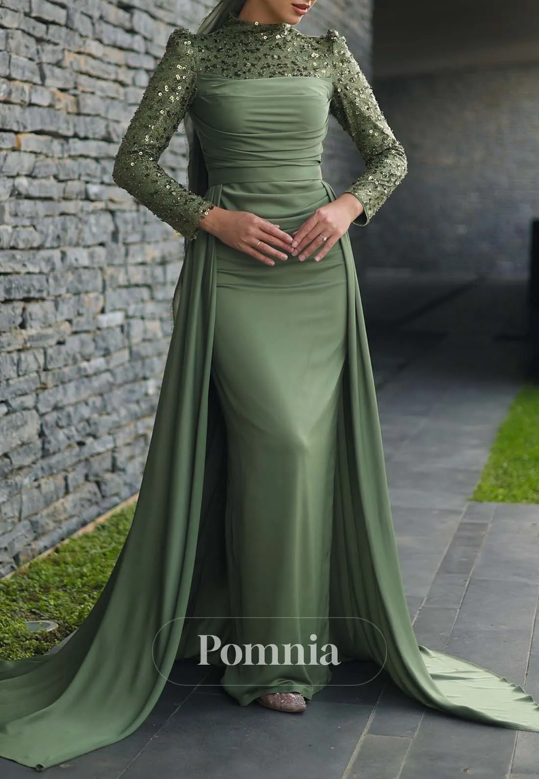 Simple High Neck Long Sleeves Sweep Train Satin Formal Dress