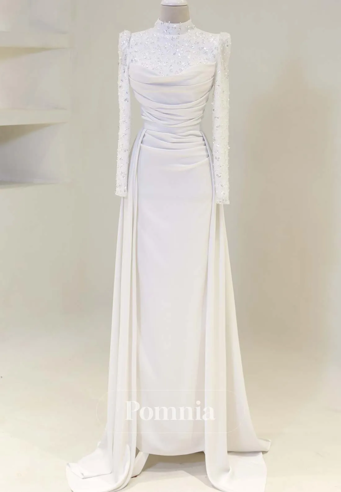 Simple High Neck Long Sleeves Sweep Train Satin Formal Dress