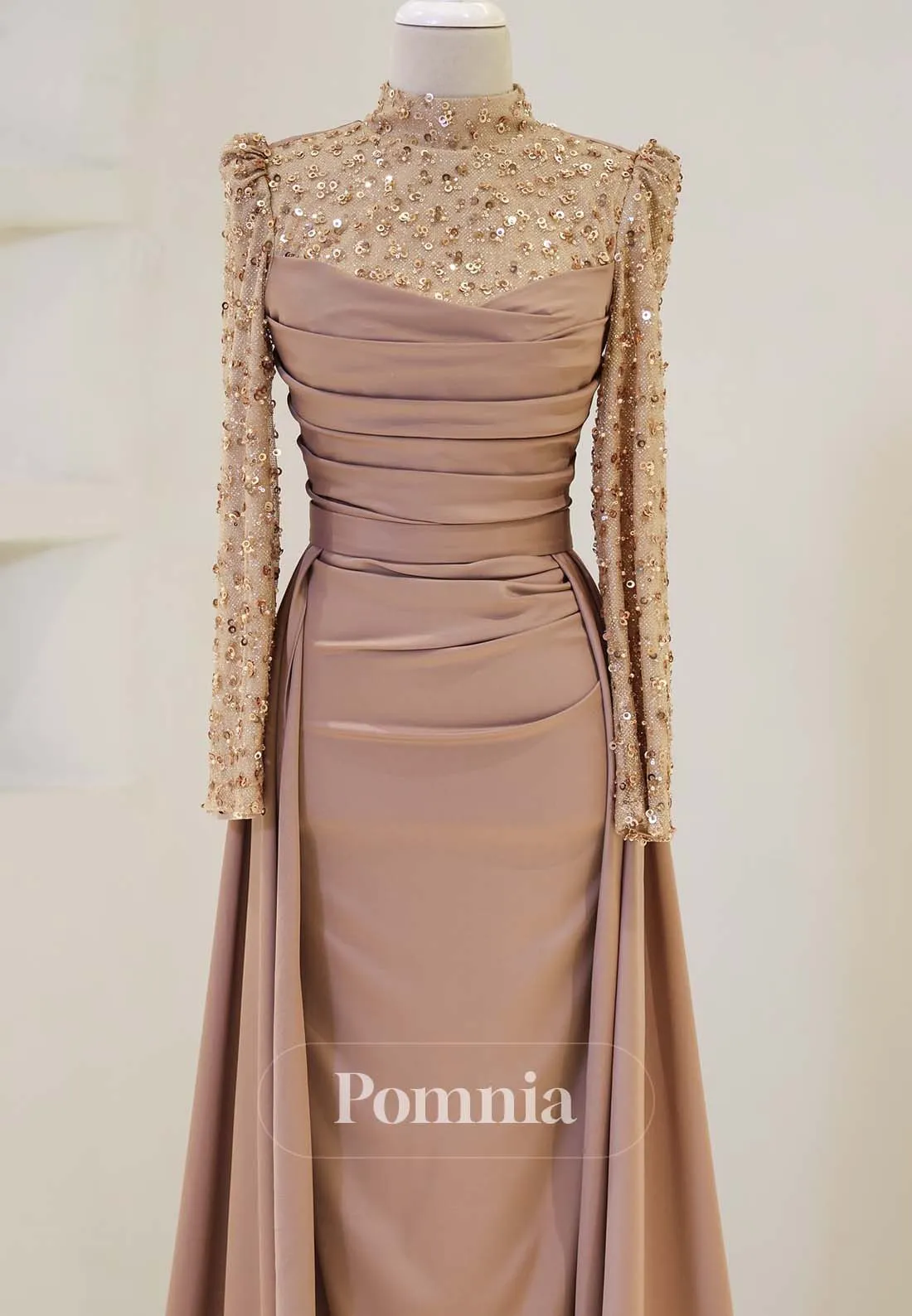 Simple High Neck Long Sleeves Sweep Train Satin Formal Dress