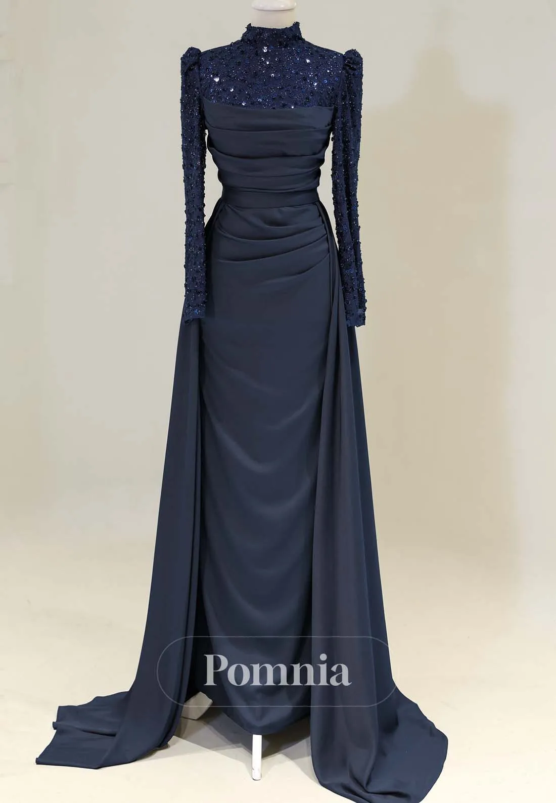 Simple High Neck Long Sleeves Sweep Train Satin Formal Dress