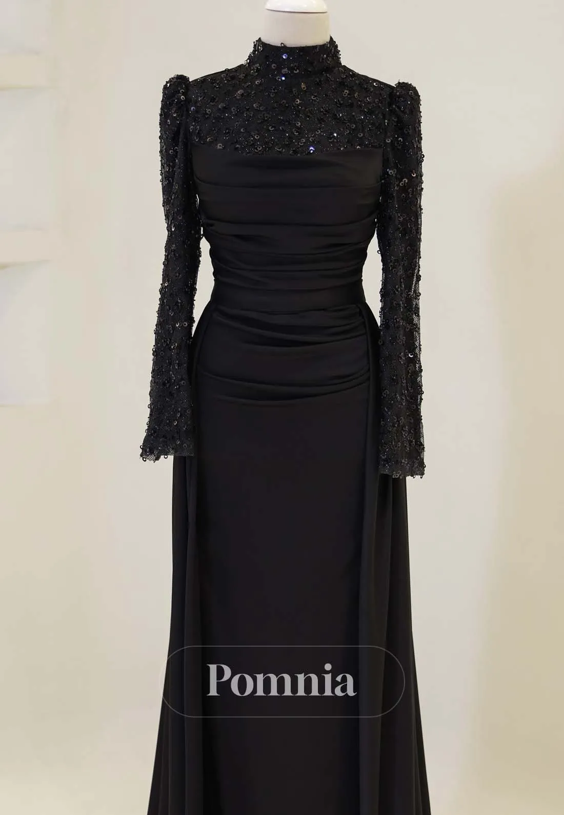 Simple High Neck Long Sleeves Sweep Train Satin Formal Dress